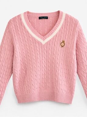 Lauren Active Vintage Pink Cable Knit V-Neck Sweater | Preppy Chic | Soft Cozy
